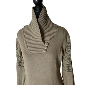 GERSEMI Knit Jacquard Shawl Collar Pullover Sweater Olive Green Button Sz Large